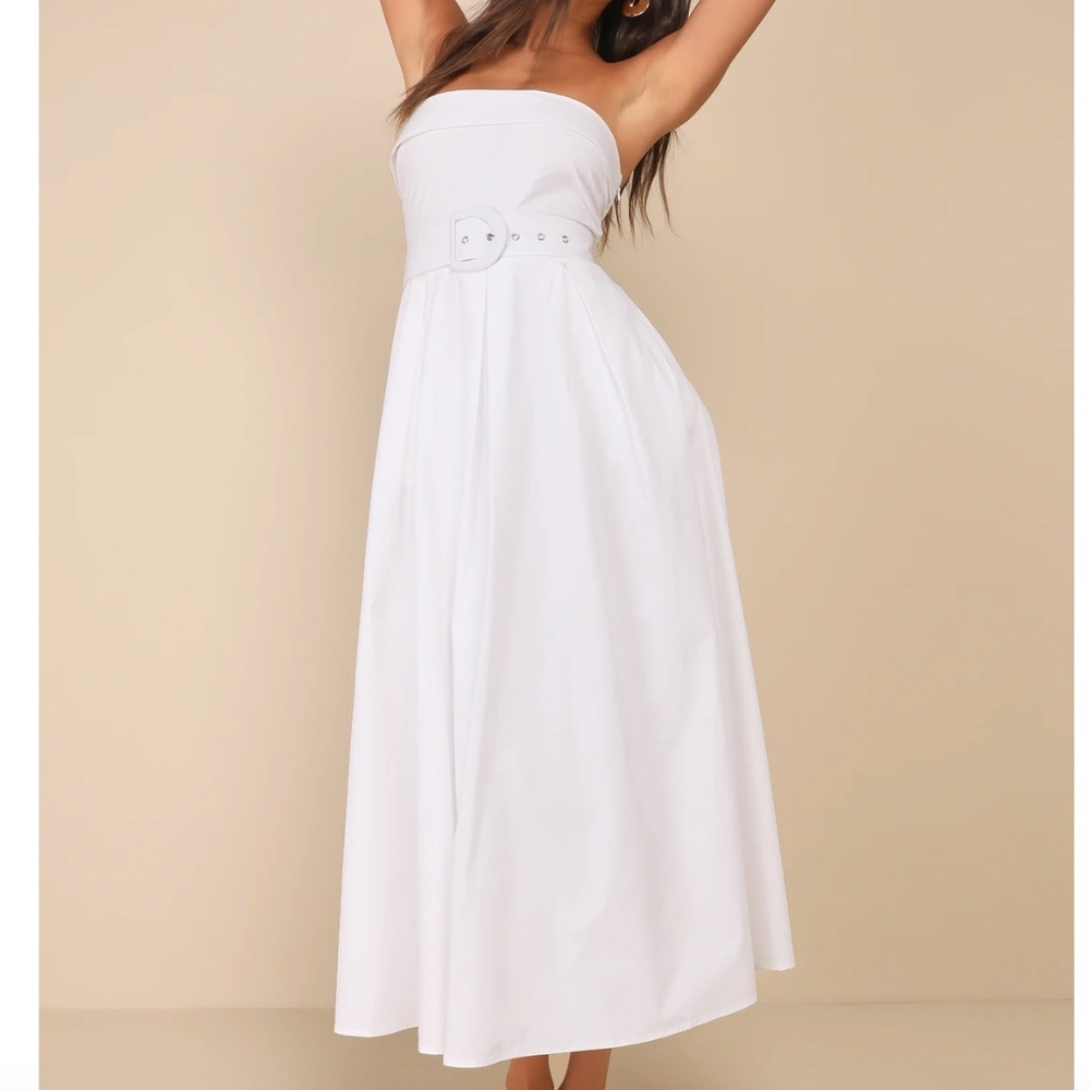 White Strapless Midi Dress With Pockets